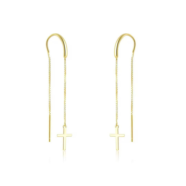 Christianartworkshop Minimal Bar Accent Long Tassel Threader Earrings with Flat Cross Charm: A Reminder of Divine Grace - Golden - image 3