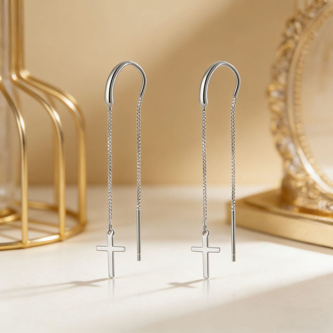 Christianartworkshop Minimal Bar Accent Long Tassel Threader Earrings with Flat Cross Charm: A Reminder of Divine Grace - Silver - image 0