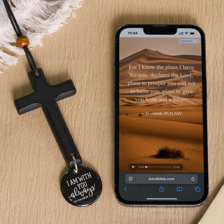 Christianartworkshop Classic Carved Solid Wood Cross NFC Matthew 28:20 Verse Smart Car Pendant - image 4