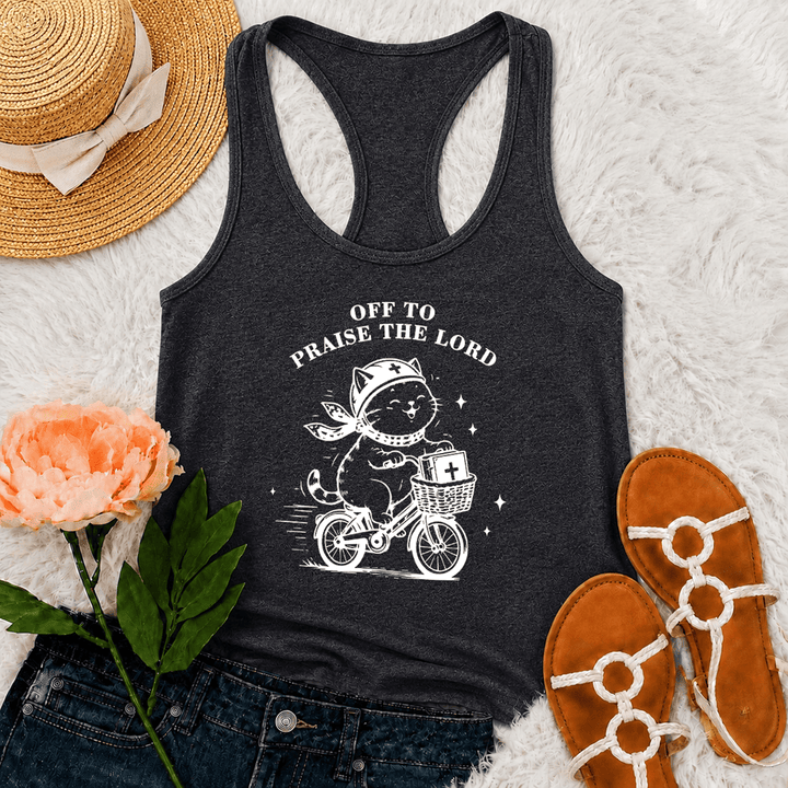 Christianartworkshop Cute Cat Off To Praise The Lord Racerback Tank Top - Grey - 2XL - image 9