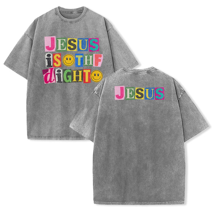 Christianartworkshop Jesus Is The Light Color Block Smile Graphic Washed Unisex T-Shirt - Grey - 5XL - image 4