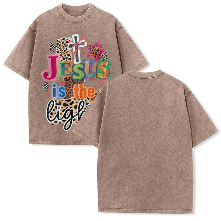 Christianartworkshop Jesus Is The Light Leopard Cross Bow Star Graphic Washed Unisex T-Shirt - Brown - 5XL - image 13