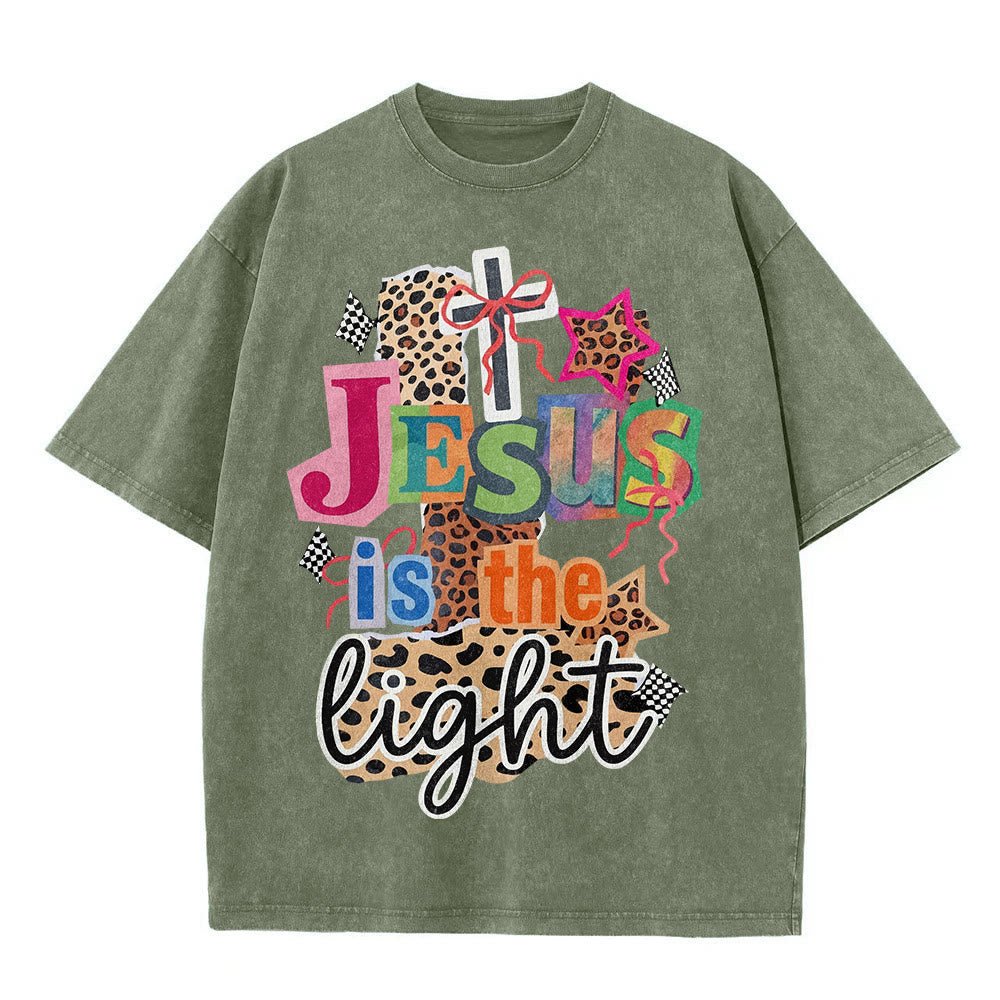 Christianartworkshop Jesus Is The Light Leopard Cross Bow Star Graphic Washed Unisex T-Shirt - image 8