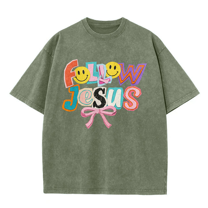 Christianartworkshop Follow Jesus Smile Bow Color Block Letter Washed Unisex T-Shirt - image 8
