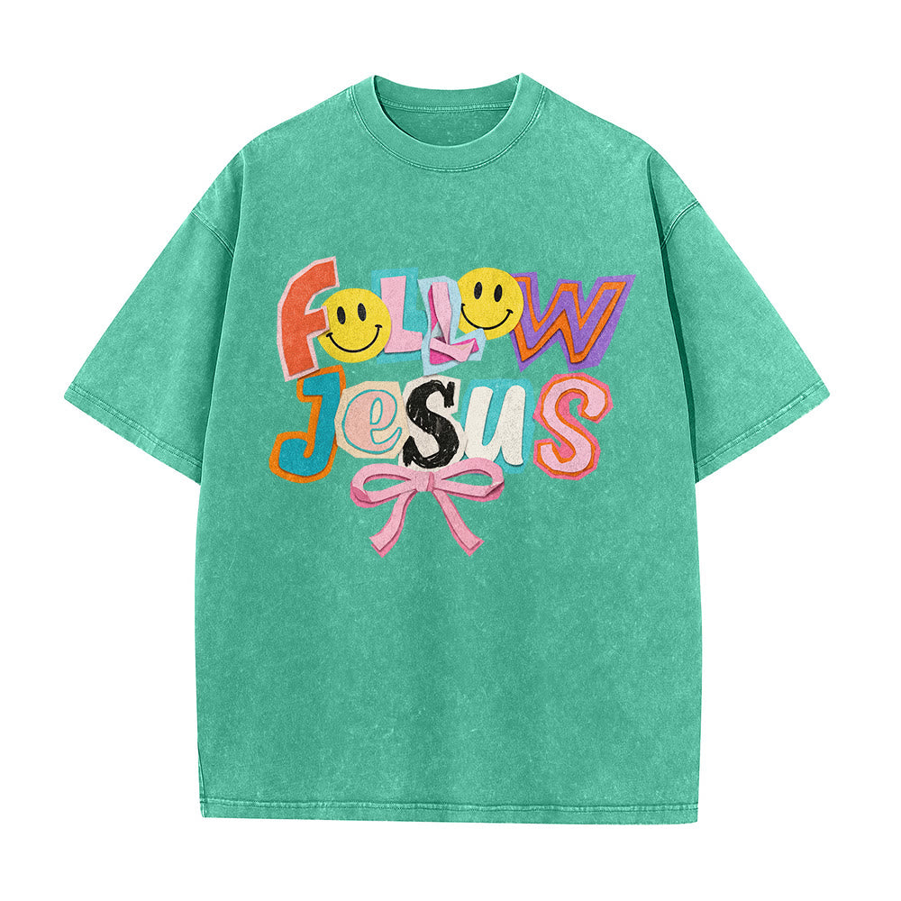 Christianartworkshop Follow Jesus Smile Bow Color Block Letter Washed Unisex T-Shirt - image 11
