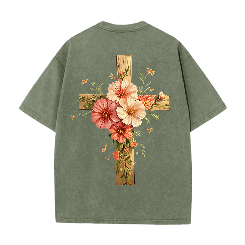 Christianartworkshop Jesus Is The Light Double Sided Floral Cross Graphic Washed Unisex T-Shirt - image 9