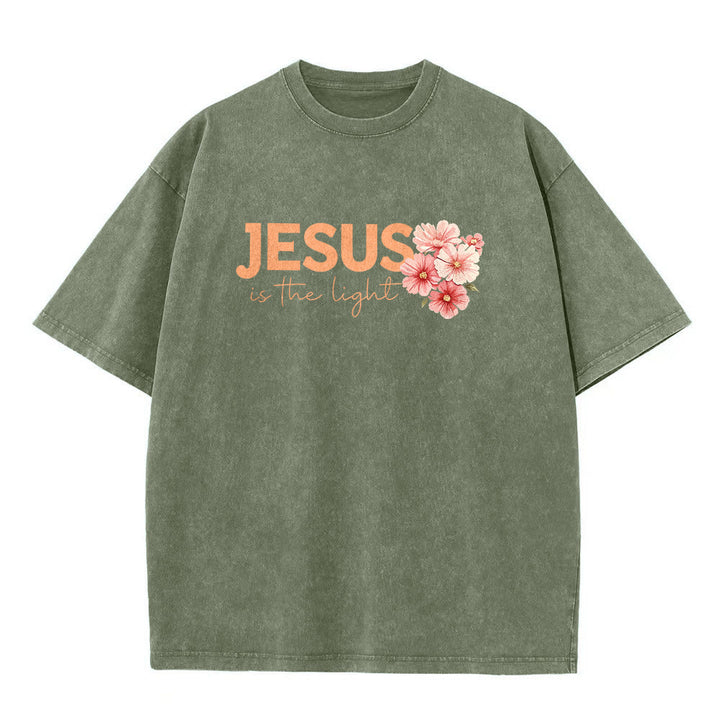 Christianartworkshop Jesus Is The Light Double Sided Floral Cross Graphic Washed Unisex T-Shirt - image 8