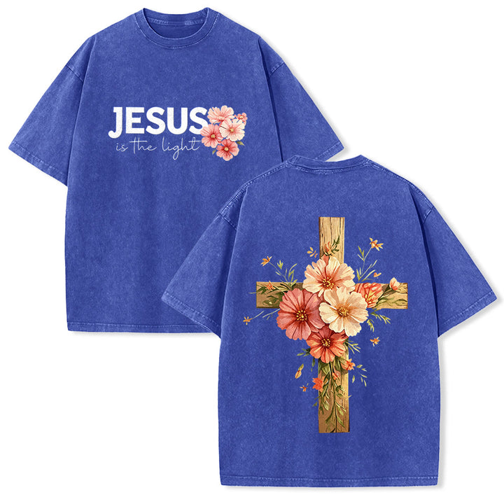 Christianartworkshop Jesus Is The Light Double Sided Floral Cross Graphic Washed Unisex T-Shirt - Blue - 5XL - image 25