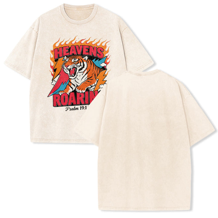 Christianartworkshop Heavens Roaring Tiger Flame Lightning Psalm 19:1 Retro Washed Unisex T-Shirt - Beige - 5XL - image 19