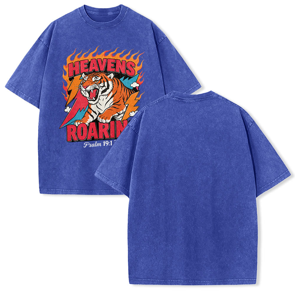 Christianartworkshop Heavens Roaring Tiger Flame Lightning Psalm 19:1 Retro Washed Unisex T-Shirt - Blue - 5XL - image 1