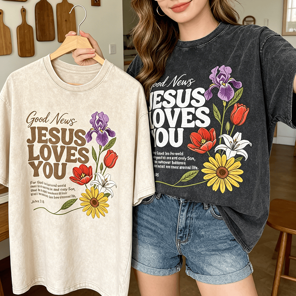 Christianartworkshop Good News Jesus Loves You Mixed Floral John 3 : 16 Vintage Washed Unisex T-Shirt - image 0