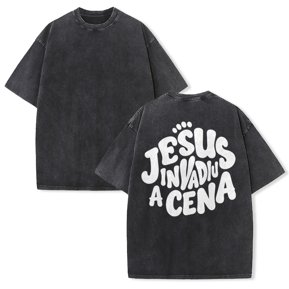 Christianartworkshop Jesus Invadiu A Cena Bubble Letter Back Print Vintage Washed Unisex T-Shirt - Black - 5XL - image 1
