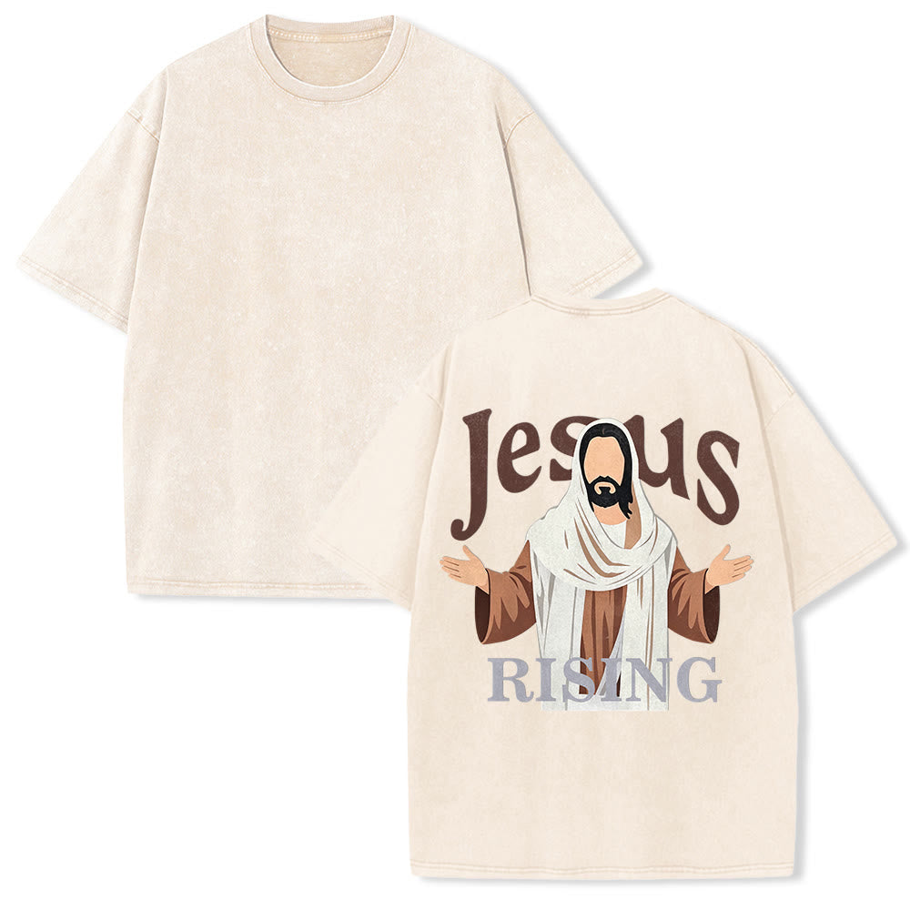 Christianartworkshop Jesus Rising Open Arms Christ Figure Back Print Vintage Washed Unisex T-Shirt - Beige - 5XL - image 1