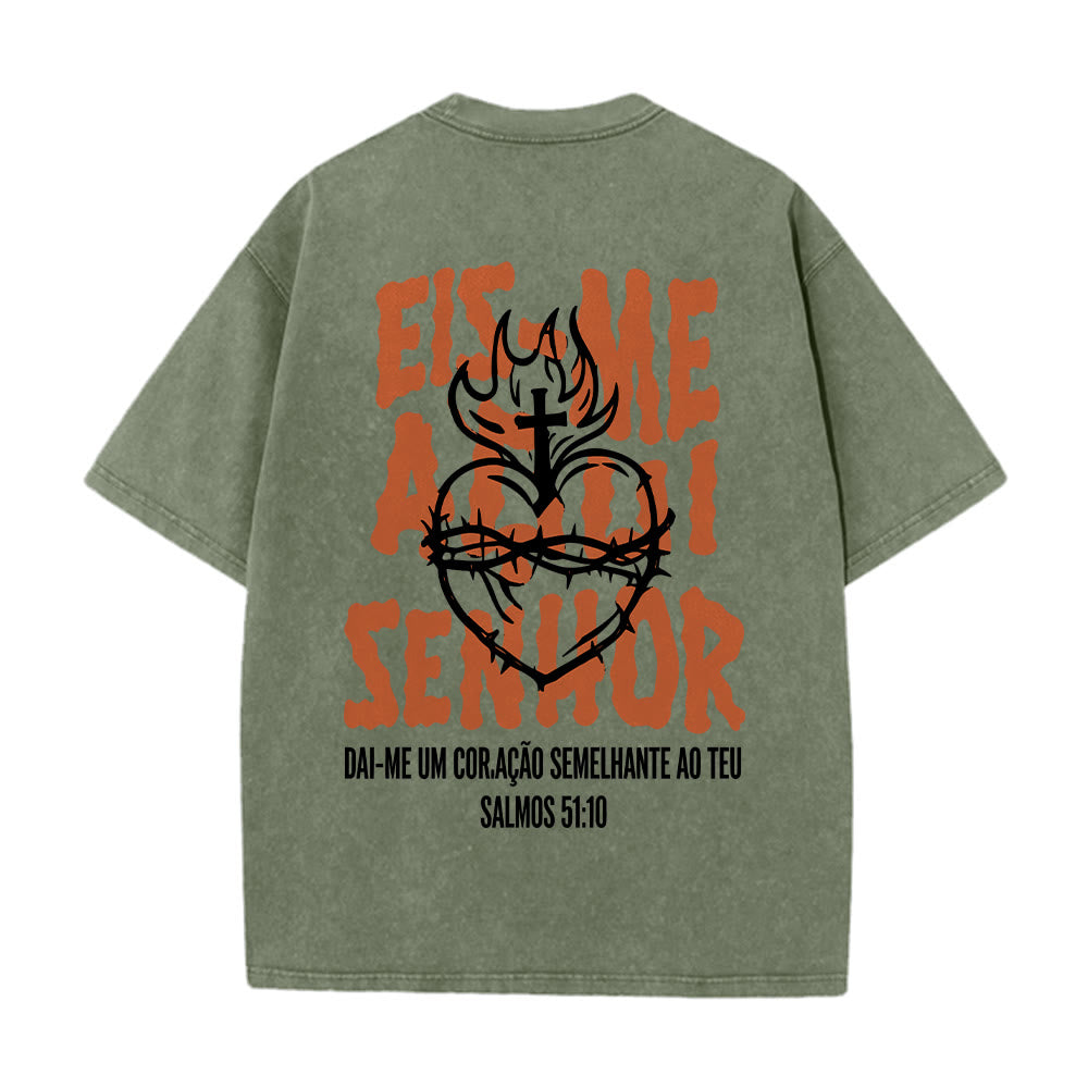 Christianartworkshop Portuguese Spiritual Phrase Thorn Sacred Heart Cross Flame Back Graphic Washed Unisex T-Shirt - image 17
