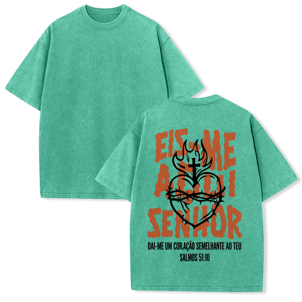 Christianartworkshop Portuguese Spiritual Phrase Thorn Sacred Heart Cross Flame Back Graphic Washed Unisex T-Shirt - Green - 5XL - image 13