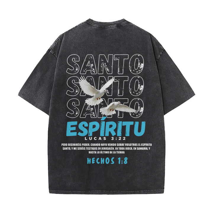 Christianartworkshop Spanish Holy Spirit Slogan Double Dove Distressed Font Back Graphic Washed Unisex T-Shirt - image 5