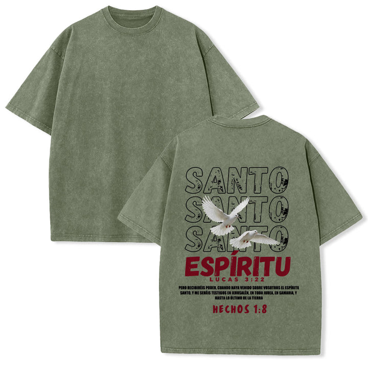 Christianartworkshop Spanish Holy Spirit Slogan Double Dove Distressed Font Back Graphic Washed Unisex T-Shirt - Army Green - 5XL - image 16