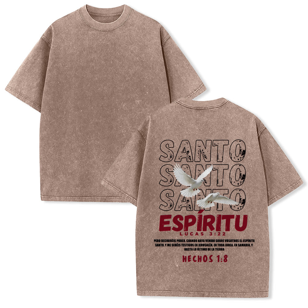 Christianartworkshop Spanish Holy Spirit Slogan Double Dove Distressed Font Back Graphic Washed Unisex T-Shirt - Brown - 5XL - image 19