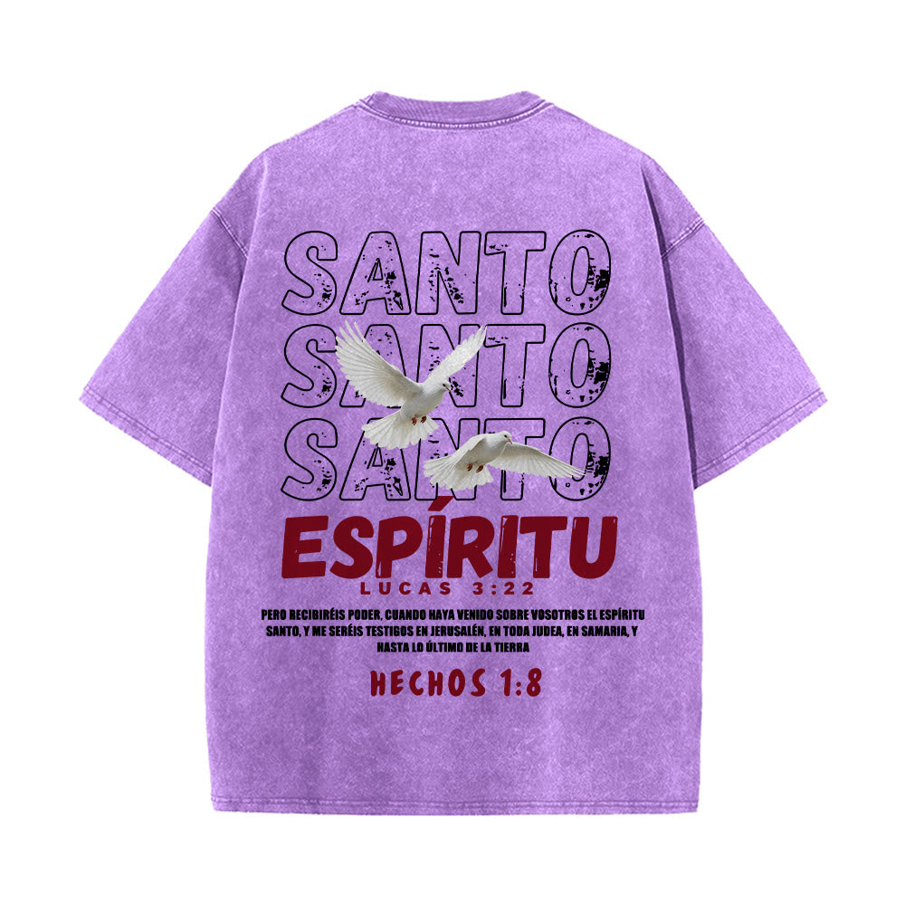 Christianartworkshop Spanish Holy Spirit Slogan Double Dove Distressed Font Back Graphic Washed Unisex T-Shirt - image 26