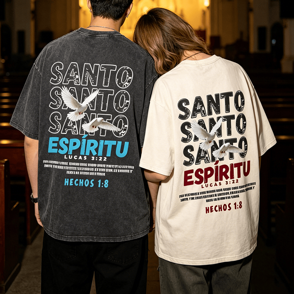 Christianartworkshop Spanish Holy Spirit Slogan Double Dove Distressed Font Back Graphic Washed Unisex T-Shirt - image 0