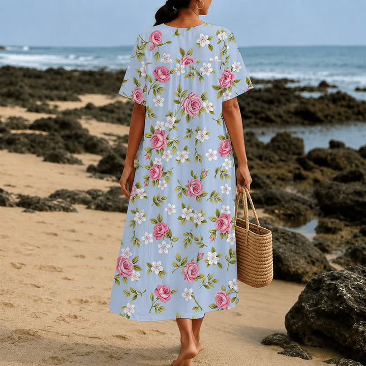 Christianartworkshop Summer Oversized Floral Print Cross Graphic V-Neck Short Sleeve Midi Dress - image 4
