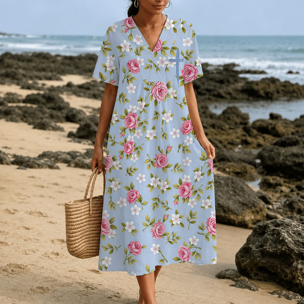 Christianartworkshop Summer Oversized Floral Print Cross Graphic V-Neck Short Sleeve Midi Dress - image 3