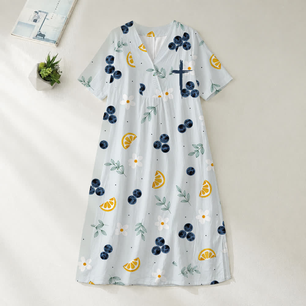 Christianartworkshop Summer Oversized Floral Print Cross Graphic V-Neck Short Sleeve Midi Dress - Blueberry & Lemon - 4XL - image 9