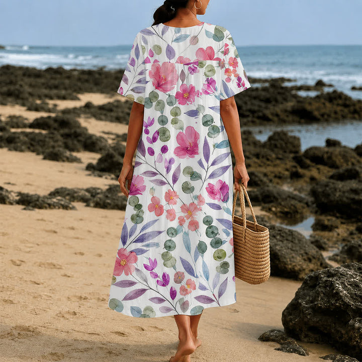 Christianartworkshop Summer Oversized Floral Print Cross Graphic V-Neck Short Sleeve Midi Dress - image 20