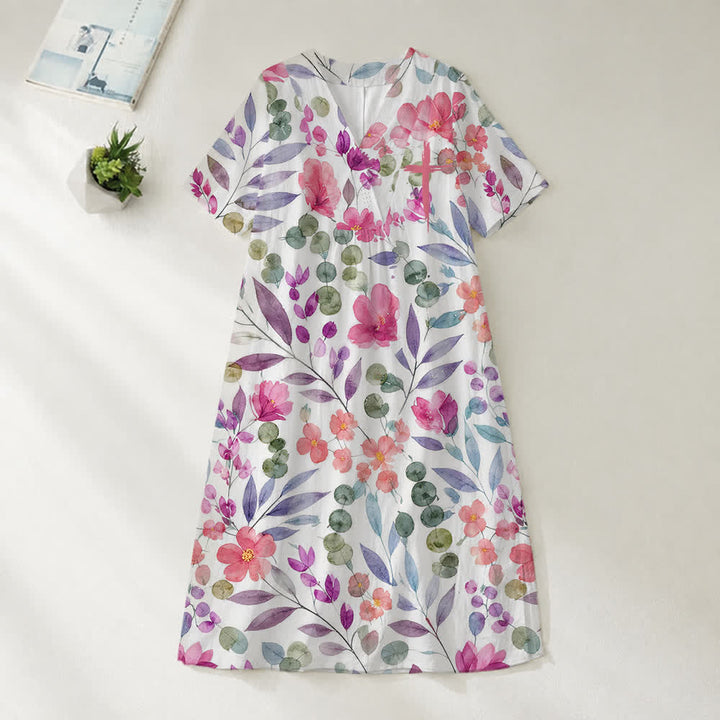 Christianartworkshop Summer Oversized Floral Print Cross Graphic V-Neck Short Sleeve Midi Dress - Watercolor Floral - 4XL - image 17