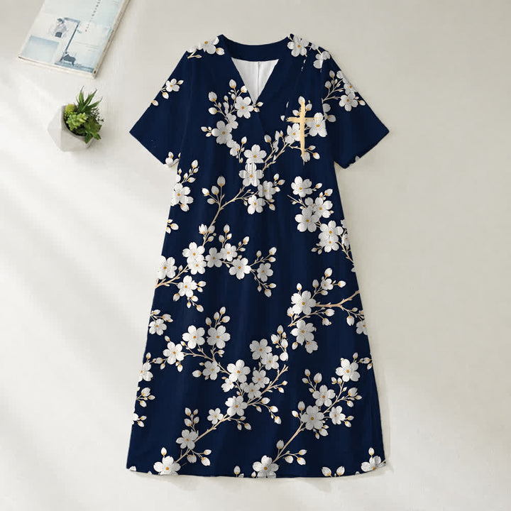 Christianartworkshop Summer Oversized Floral Print Cross Graphic V-Neck Short Sleeve Midi Dress - Cherry - 4XL - image 21