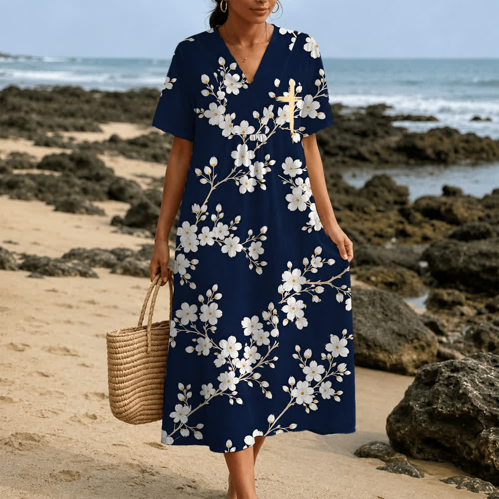 Christianartworkshop Summer Oversized Floral Print Cross Graphic V-Neck Short Sleeve Midi Dress - image 24