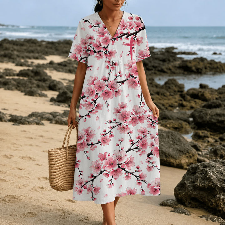 Christianartworkshop Summer Oversized Floral Print Cross Graphic V-Neck Short Sleeve Midi Dress - image 27