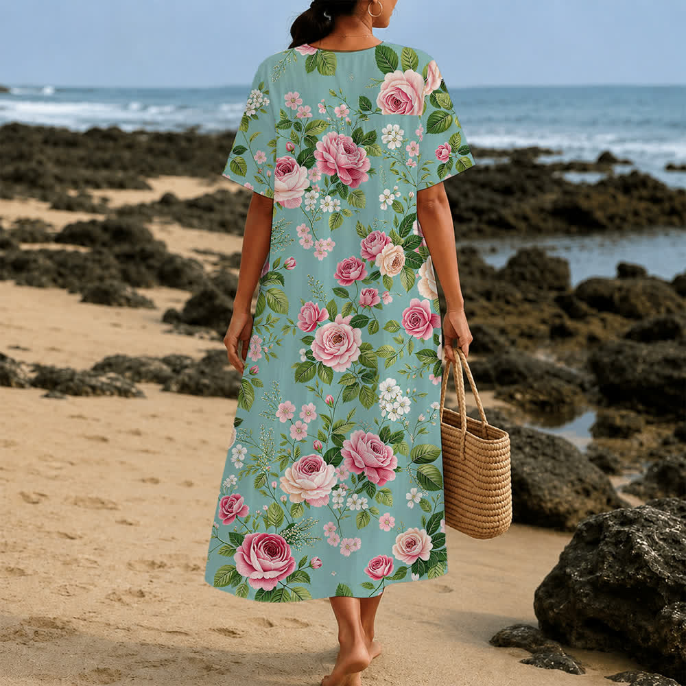 Christianartworkshop Summer Oversized Floral Print Cross Graphic V-Neck Short Sleeve Midi Dress - image 36