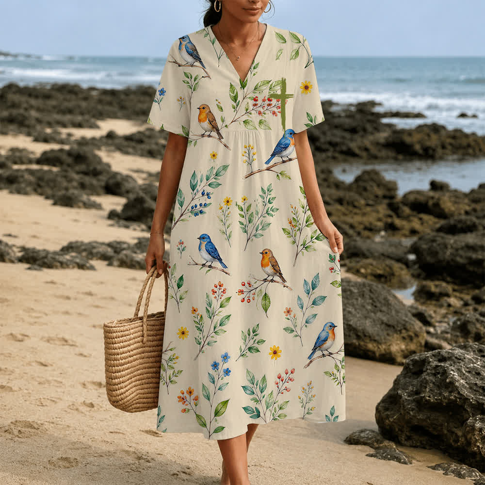 Christianartworkshop Summer Oversized Floral Print Cross Graphic V-Neck Short Sleeve Midi Dress - image 39