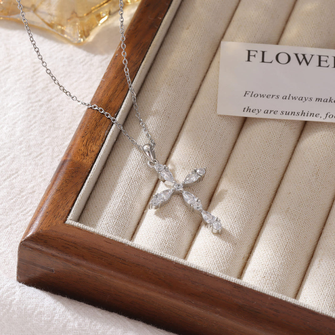 Christianartworkshop Pear Zircon Inlaid Dual Tone Cross Pendant Necklace: Emblem of Shimmering Gentle Grace - Silver - image 3