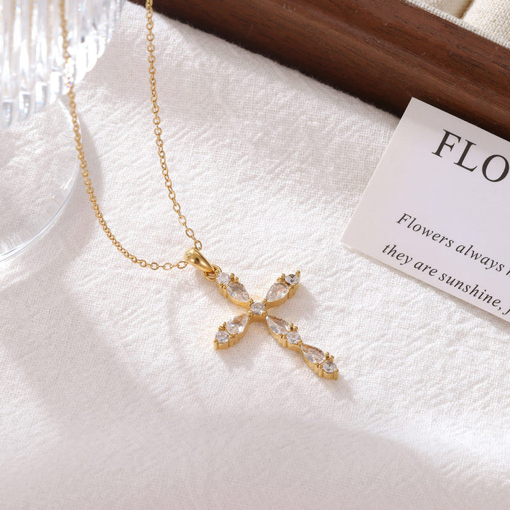 Christianartworkshop Pear Zircon Inlaid Dual Tone Cross Pendant Necklace: Emblem of Shimmering Gentle Grace - Golden - image 2