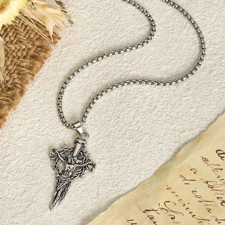 Christianartworkshop Embossed Thorn Crown Crucifix Box Chain Necklace: Emblem of Sacrifice and Redeeming Mercy - Crucifix & Thorn - image 0