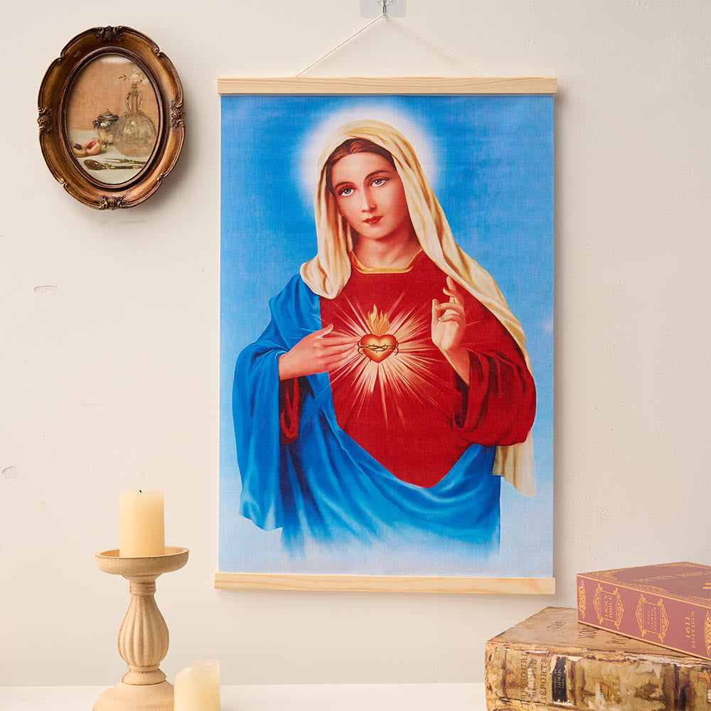 Christianartworkshop Immaculate Heart Our Lady & Jesus & Holy Family Natural Wood Scroll Canvas Wall Art - Our Lady - 15.75''*24''/40*60cm - image 0