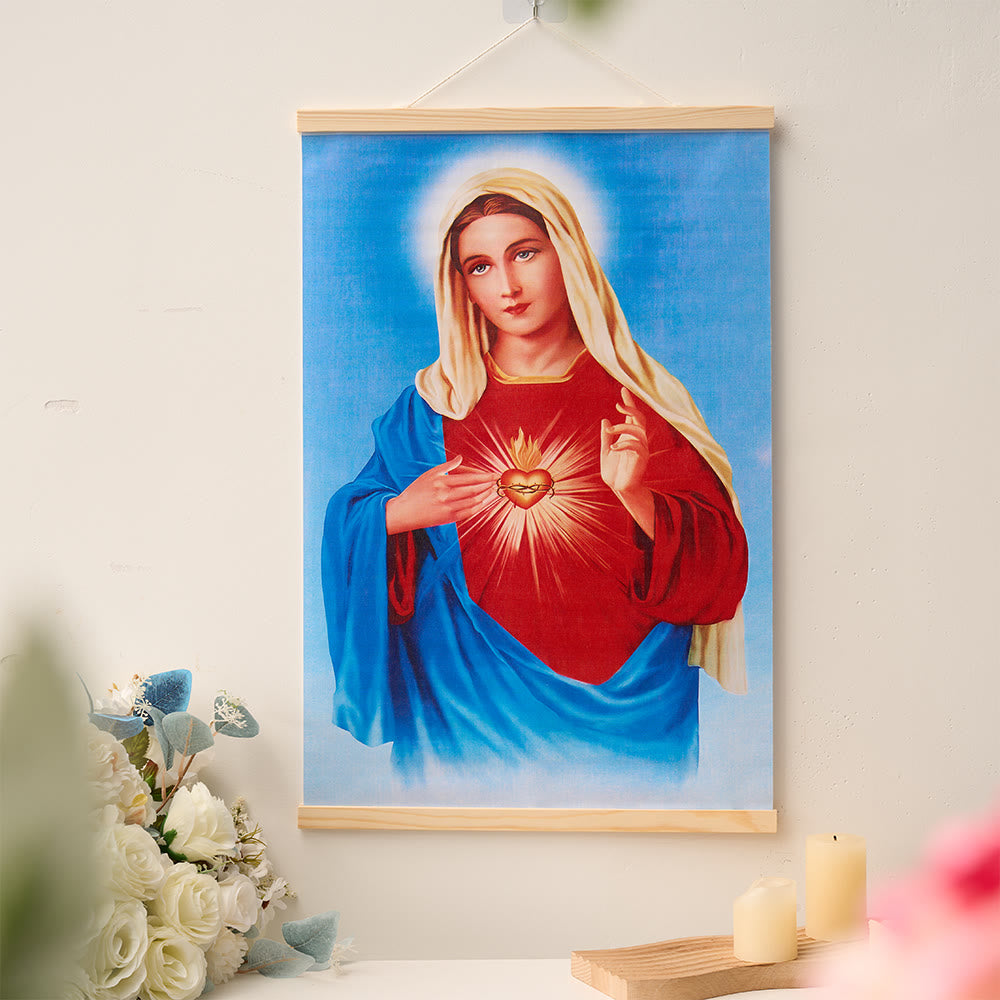 Christianartworkshop Immaculate Heart Our Lady & Jesus & Holy Family Natural Wood Scroll Canvas Wall Art - image 1