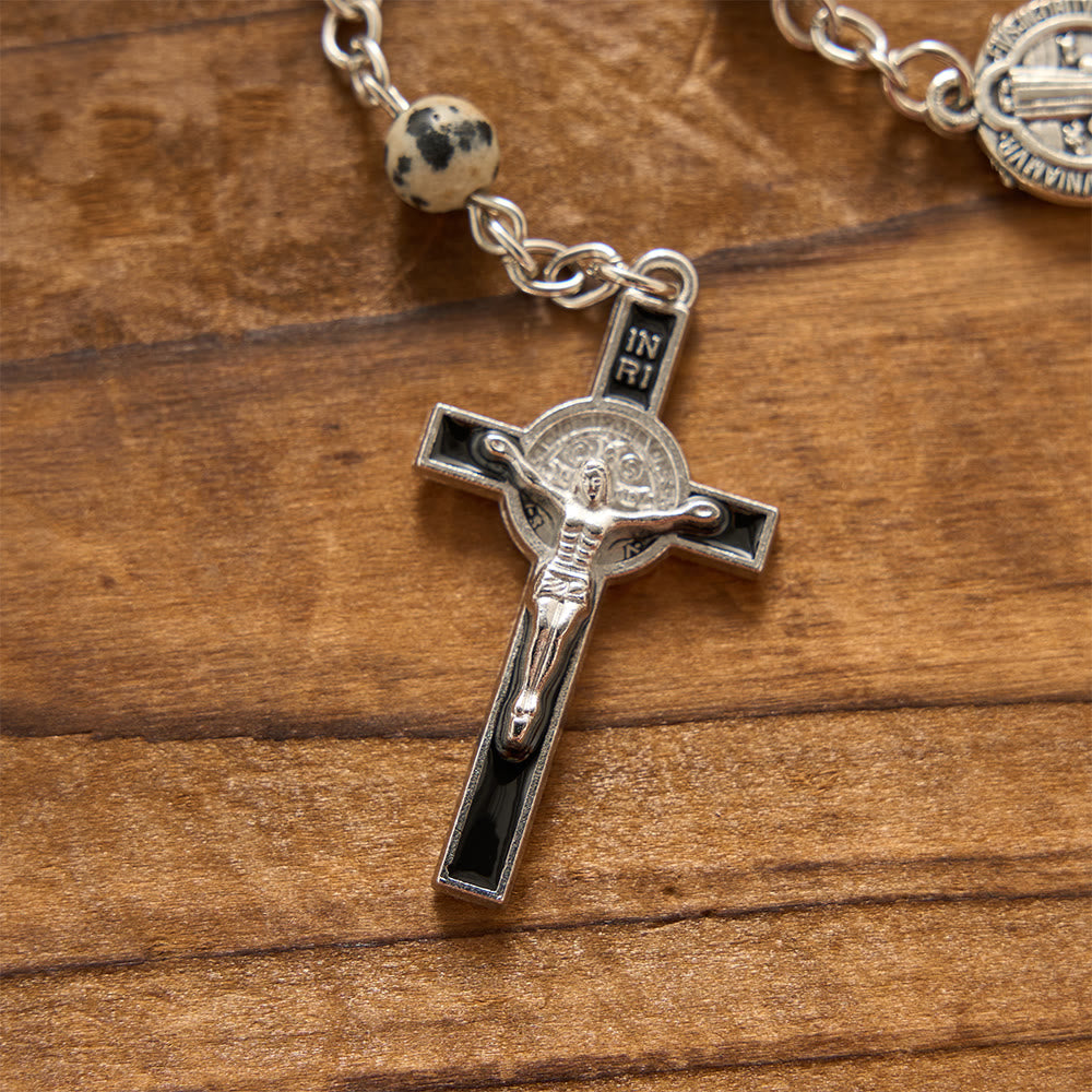 Christianartworkshop Spotted Natural Stone St.Benedict Crucifix Prayer Rosary: Emblem of Prayerful Protection & Redeeming Mercy - image 4