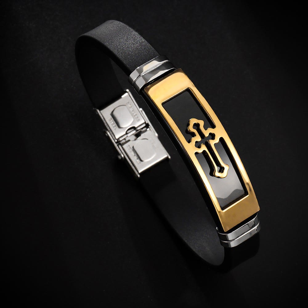 Christianartworkshop Hollow Cutout Cross Stainless Steel Silicone Wrist Bracelet: Emblem of Subtle Abiding Grace - Black&Golden - image 2