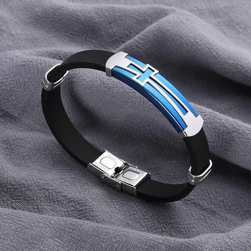 Christianartworkshop Two-Layer Hollow Cross Stainless Steel Silicone Wrist Bracelet: Emblem of Minimalist Abiding Grace - Blue - image 5
