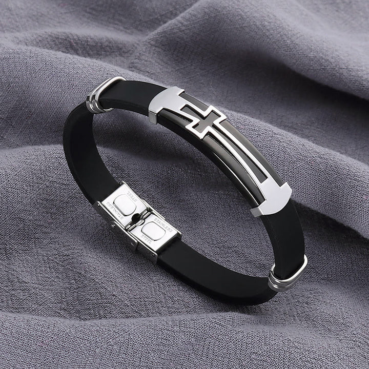 Christianartworkshop Two-Layer Hollow Cross Stainless Steel Silicone Wrist Bracelet: Emblem of Minimalist Abiding Grace - Black - image 6