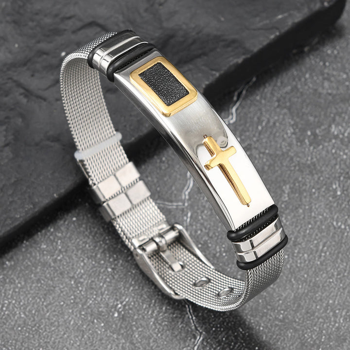 Christianartworkshop Two-Tone Raised Cross Mesh Stainless Steel Pin Buckle Bracelet: Emblem of Minimalist Abiding Grace - Silver&Golden - image 7