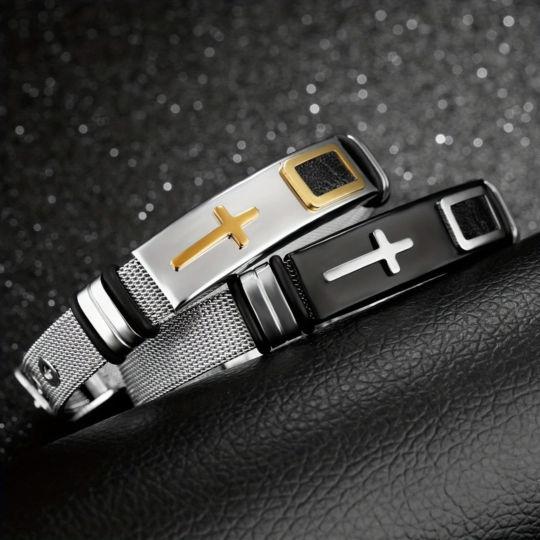 Christianartworkshop Two-Tone Raised Cross Mesh Stainless Steel Pin Buckle Bracelet: Emblem of Minimalist Abiding Grace - image 1