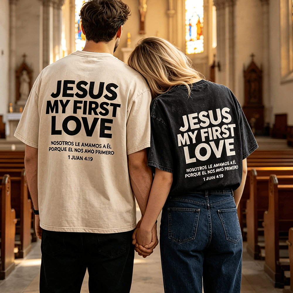 Christianartworkshop Jesus My First Love Spanish Verse 1 Juan 4:19 Matching Couple Back Print Vintage Washed Unisex T-Shirt - image 0