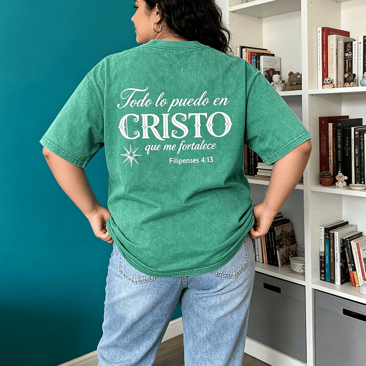 Christianartworkshop Elegant Dual Font Spanish Spiritual Verse Tiny Star Back Washed Unisex T-Shirt - image 0