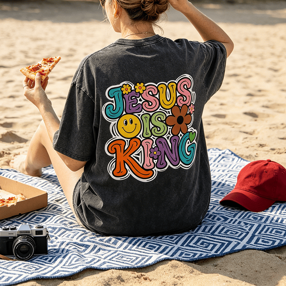 Christianartworkshop Jesus Is King Retro Groovy Multicolor Bubble Font Flower Smiley Back Print Vintage Washed Unisex T-Shirt - image 0