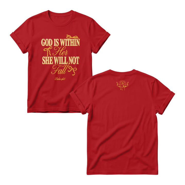 Christianartworkshop Mix Serif Cursive Bow Detail God Is Within Her Bible Verse Women’s Crewnecks - Red - 4XL - image 10