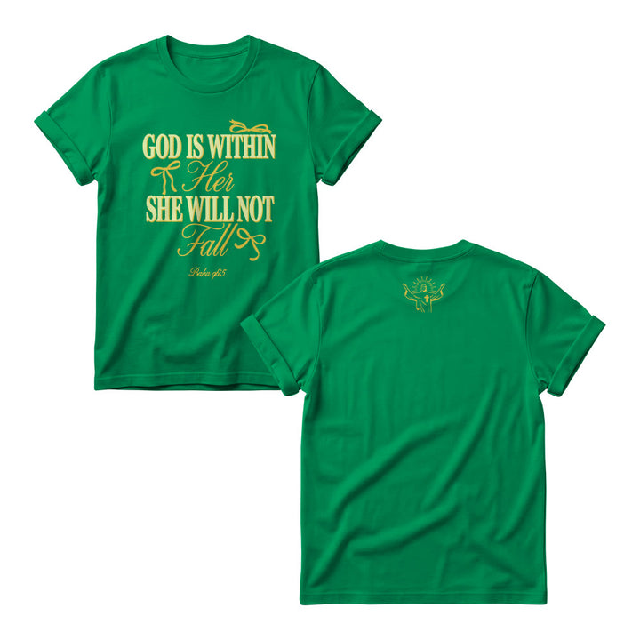 Christianartworkshop Mix Serif Cursive Bow Detail God Is Within Her Bible Verse Women’s Crewnecks - Green - 4XL - image 11